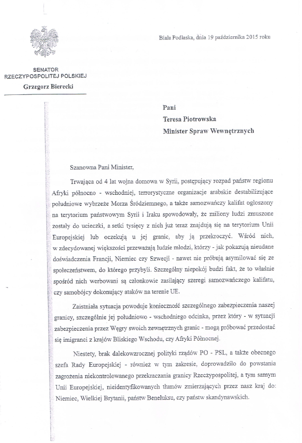 Pismo do Teresy Piotrowskiej - Ministra Spraw Wewntrznych