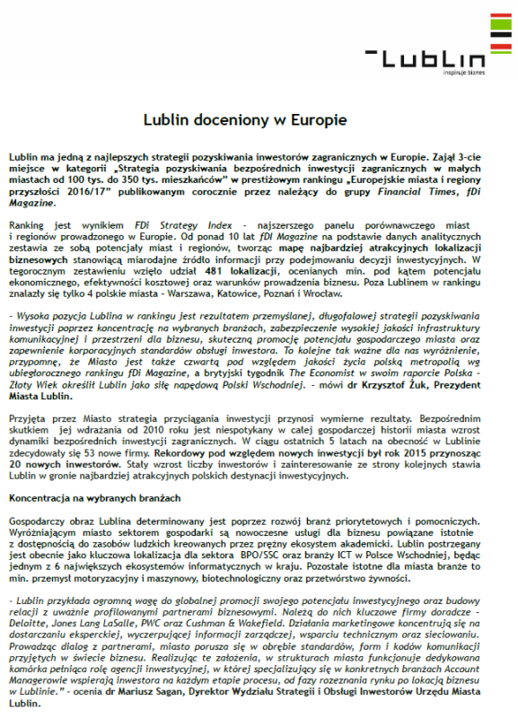 Lublin z jedn z najlepszych strategii pozyskiwania inwestorów zagranicznych w Europie